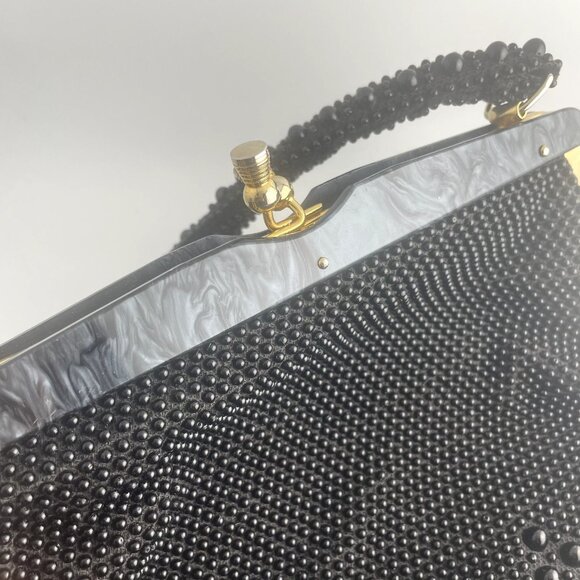 Vintage Black Beaded Evening Handbag Purse Made in Hong Kong 11 x 9 inches - Picture 4 of 10